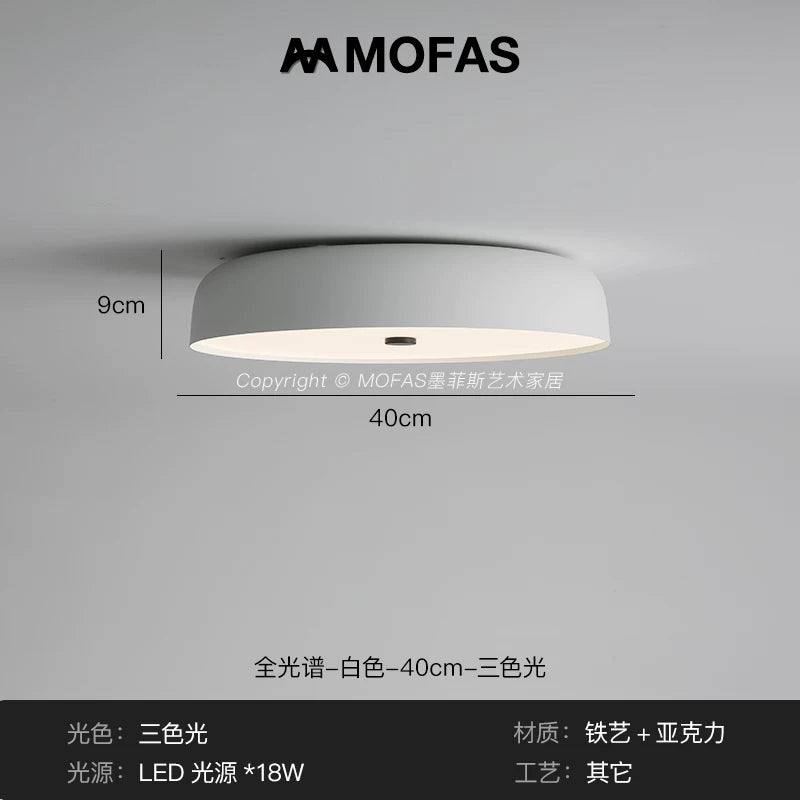 MOFAS北欧极简客厅灯新款圆形现代复古书房餐厅中古主卧室吸顶灯 - 【全光谱】白色-D40cm-三色光