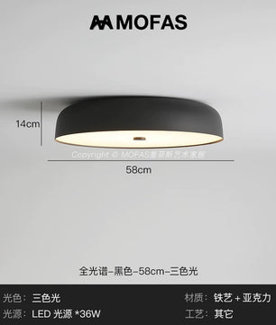 MOFAS北欧极简客厅灯新款圆形现代复古书房餐厅中古主卧室吸顶灯 - 【全光谱】黑色-D58cm-三色光