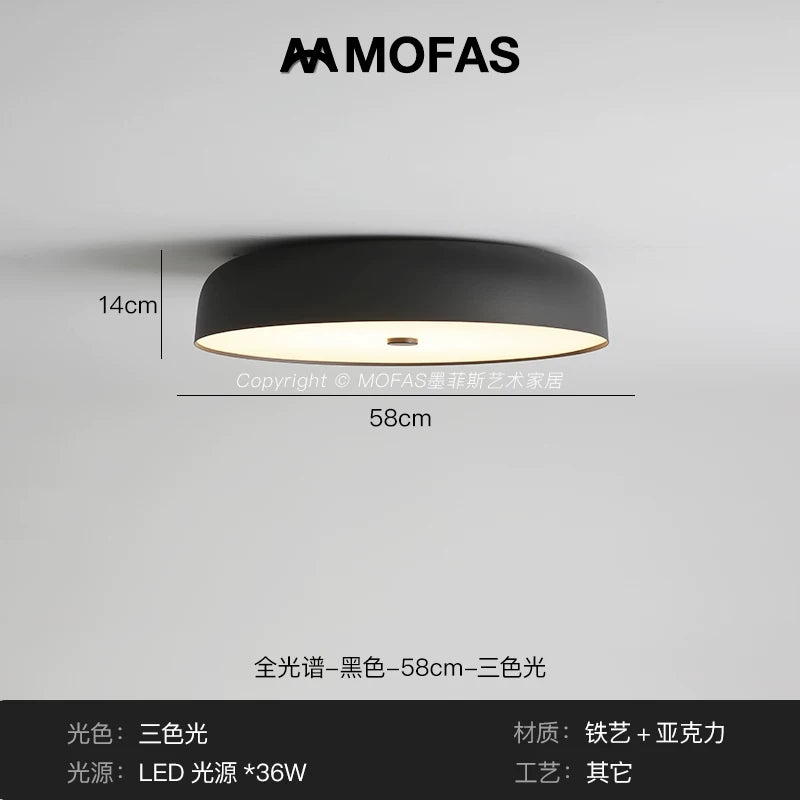 MOFAS北欧极简客厅灯新款圆形现代复古书房餐厅中古主卧室吸顶灯 - 【全光谱】黑色-D58cm-三色光