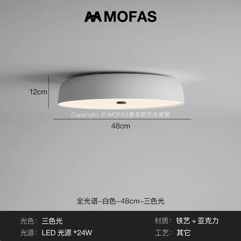 MOFAS北欧极简客厅灯新款圆形现代复古书房餐厅中古主卧室吸顶灯 - 【全光谱】白色-D48cm-三色光