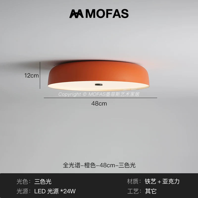 MOFAS北欧极简客厅灯新款圆形现代复古书房餐厅中古主卧室吸顶灯 - 【全光谱】橙色-D48cm-三色光