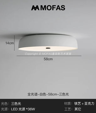 MOFAS北欧极简客厅灯新款圆形现代复古书房餐厅中古主卧室吸顶灯 - 【全光谱】白色-D58cm-三色光