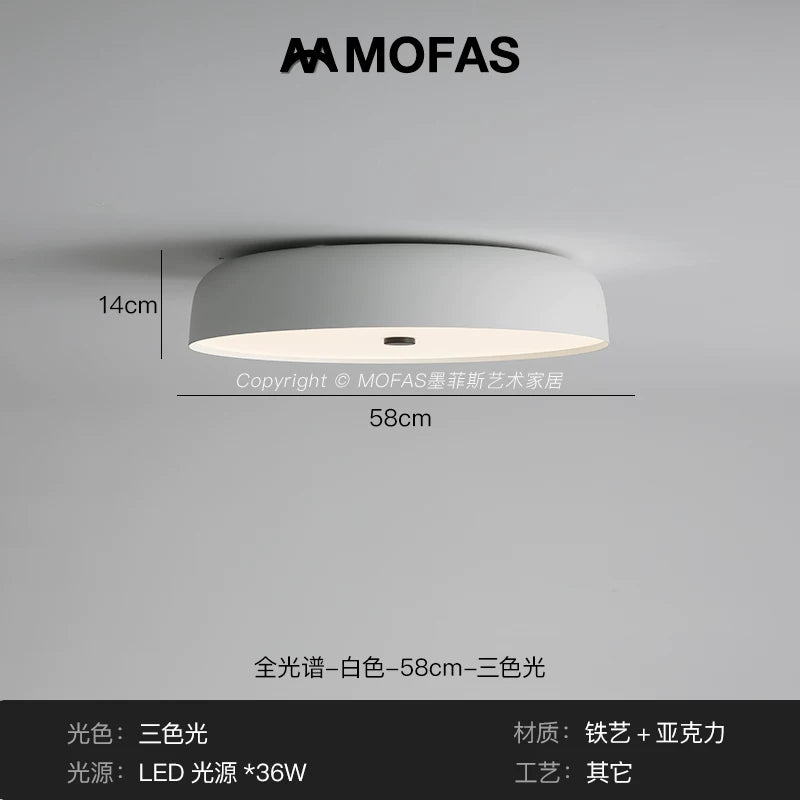 MOFAS北欧极简客厅灯新款圆形现代复古书房餐厅中古主卧室吸顶灯 - 【全光谱】白色-D58cm-三色光