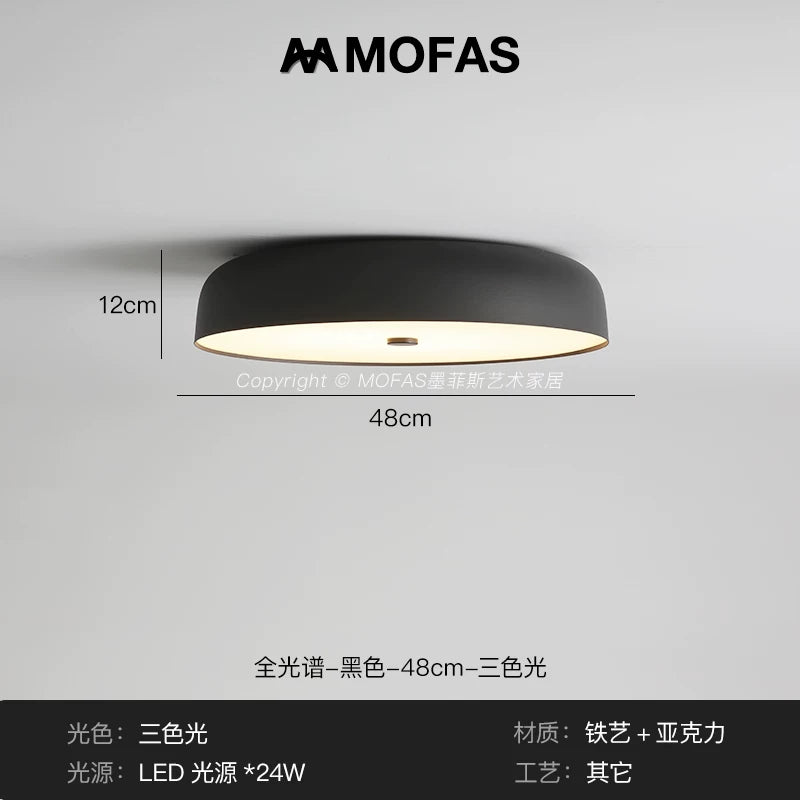 MOFAS北欧极简客厅灯新款圆形现代复古书房餐厅中古主卧室吸顶灯 - 【全光谱】黑色-D48cm-三色光
